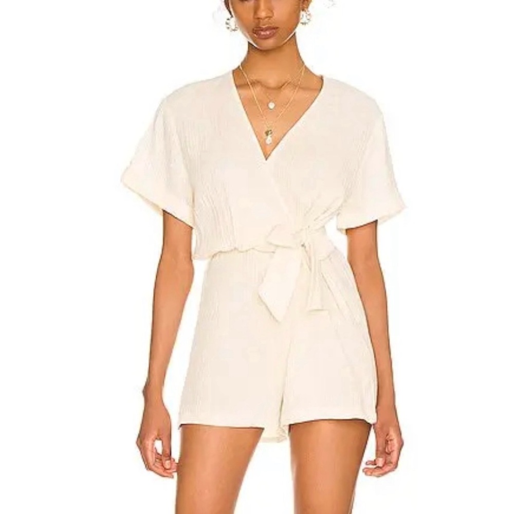 Monrow Organic Cotton Gauze Wrap Romper Short Sleeve Elastic Waist